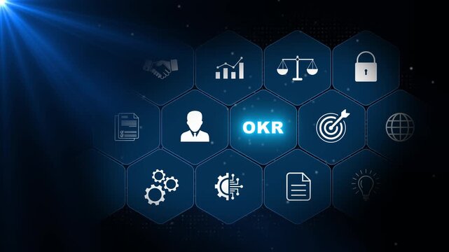 OKR objectives and results concept with planning, performance metrics, leadership and target icons in luminous blue hexagons on a dark background
