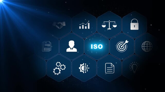 ISO certification concept with compliance, quality, security and management icons in glowing blue hexagons against a dark corporate background