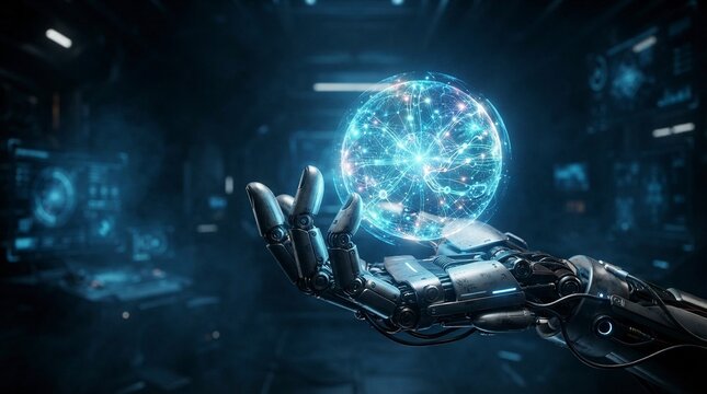 Robotic hand holding glowing digital hologram sphere of artificial intelligence and global network