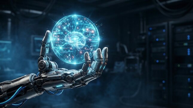 Robotic hand holding glowing holographic digital brain in data center artificial intelligence concept