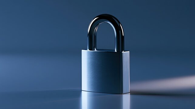 Gleaming metal padlock, unlocked and reflecting light on a blue surface