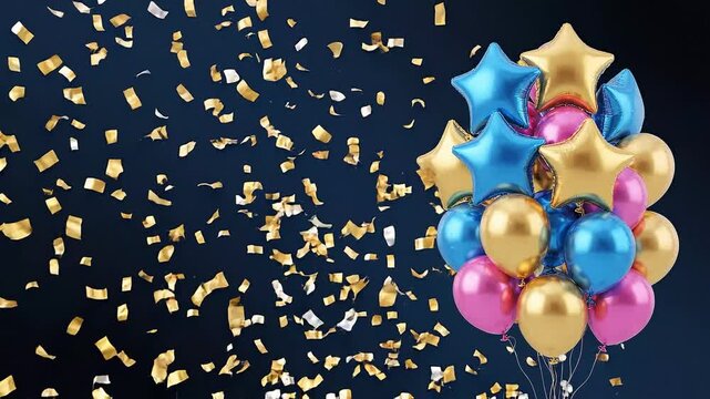 Celebratory bunch of colorful balloons and gold confetti falling dynamically in slow motion against dark blue background, festive event decoration.
