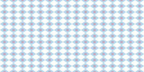 Fototapeta premium Seamless pattern with red snowflakes in light blue diamond shapes on a white background. Festive winter textile and graphic design element.