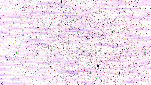 Dynamic motion graphic background featuring vibrant colorful dots and particles floating over a light purple textured backdrop. Ideal for party overlays, celebrations, and festive video backdrops.