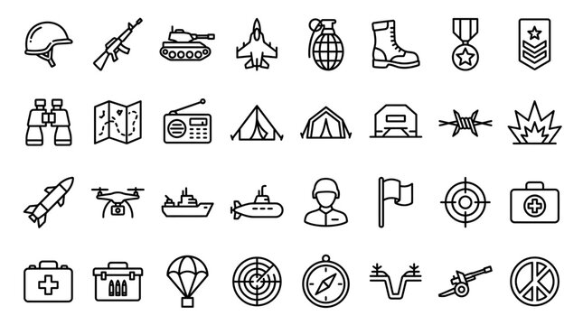 Military line icons set, 32 army and warfare vector symbols, black thin stroke war equipment collection for infographics