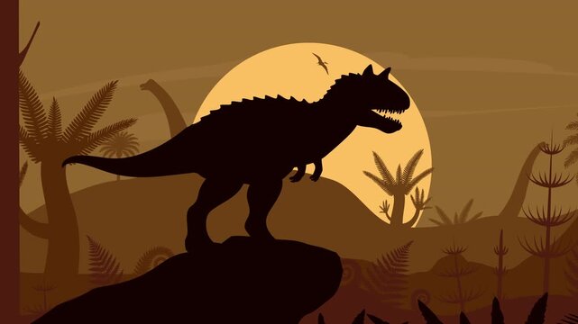 Parallax animation of a roaring Carnotaurus at sunset with walking sauropods, flying pterosaurs and giant dragonflies in a prehistoric landscape. Cartoon Mesozoic wildlife scene.