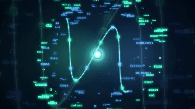 Abstract digital data stream with glowing lines and floating computer code on dark blue background