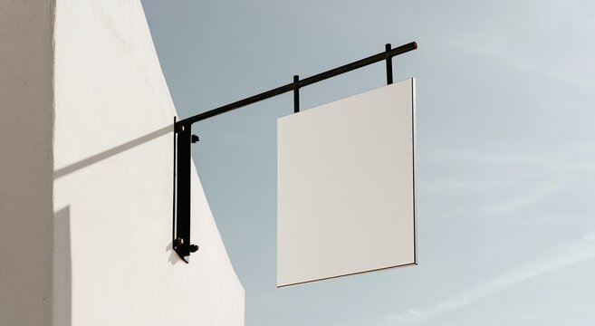Blank square sign hangs from a black bracket mounted on a white wall