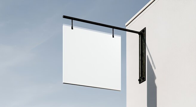Blank square sign hanging from a wall bracket, ready for custom design