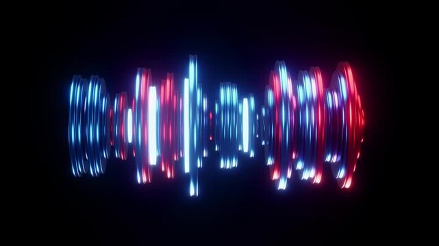 Colorful neon circles beating and lighting on black in a visual loop for music visualization.