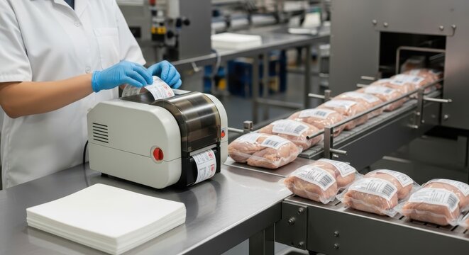 Food production worker labeling packaged chicken breasts on an industrial conveyor belt line
