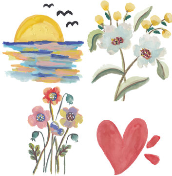 Sunset, flower and heart clipart hand drawn watercolor
