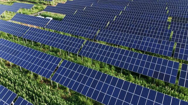 Aerial counterclockwise orbit of a solar farm with blue photovoltaic panels. Represents clean energy, sustainability, and renewable power. Ideal for ESG and environmental corporate projects.