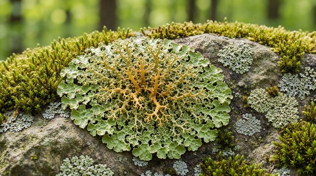Green Lichen Growing on Mossy Natural Surface
