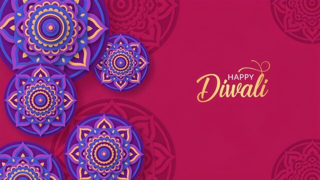 Elegant Happy Diwali greeting card banner featuring purple and golden papercut mandala patterns layered on a solid pinkish red background with copy space.