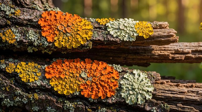 Colorful Orange and Yellow Lichen on Dead Wood