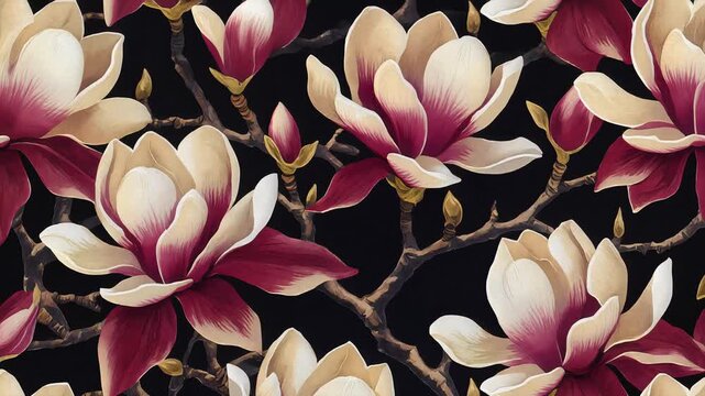 Vibrant magnolia flowers with red and white petals blooming on dark branches, seamless loop, symbolizing beauty, nature, and elegance for floral design, background, and decorative projects