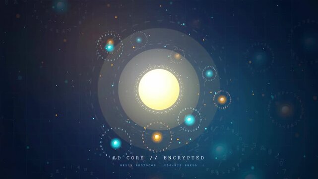 Abstract digital animation of a glowing AI core with orbiting data particles in deep space