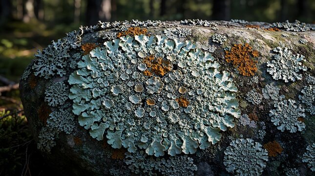 Blue and Orange Lichen Growing on Weathered Wood