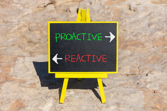Proactive and reactive symbol. Concept word Proactive Reactive on beautiful yellow blackboard. Beautiful stone background. Business proactive and reactive concept. Copy space.