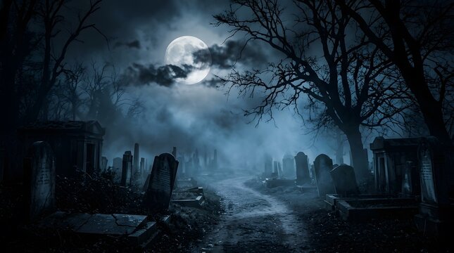 An eerie and atmospheric halloween graveyard scene bathed in the glow of a full moon with spectral figures and a chilling mysterious ambiance perfect