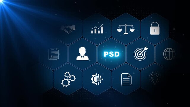 PSD design document concept with creative editing, file management and graphic workflow icons arranged in luminous blue hexagons on a dark background