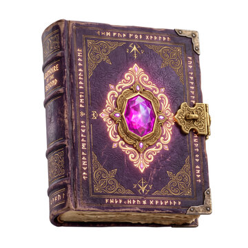 Ancient Leather Magic Spell Book with Gemstone Isolated on Transparent or White Background