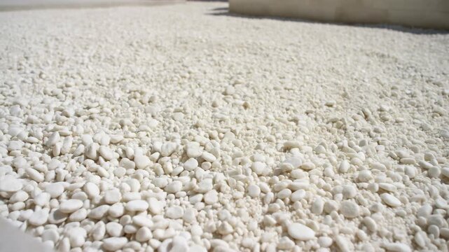 White granular crystals slowly shift across textured surface in close view, showing subtle movement, fine irregular shapes, soft lighting, and detailed abstract material background for commercial uses