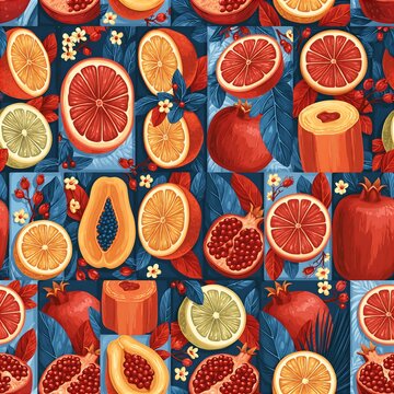 Colorful Patchwork Citrus and Pomegranate Fruit Pattern