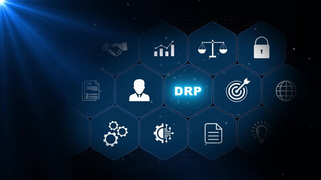 DRP disaster recovery planning concept with cybersecurity, backup, continuity and technology icons in glowing blue hexagons on a dark background