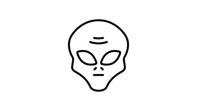 Animated outline icon of an alien head with large eyes on a white background. Minimal extraterrestrial character illustration representing UFO, space, science fiction. Alpha channel
