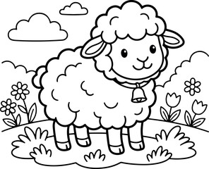 Obraz premium A delightful black and white illustration depicts an adorable lamb peacefully standing in a lush green field surrounded by blossoming flowers and fluffy clouds.