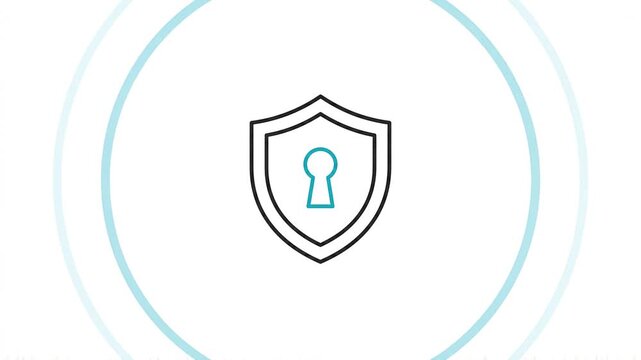 Cyber security protection concept featuring a shield icon with a keyhole design on a white background with concentric rings