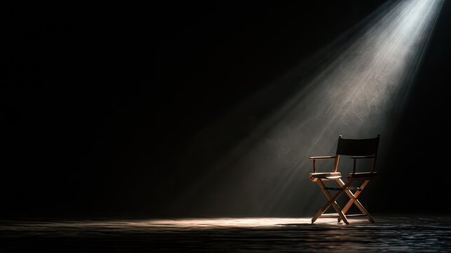 A single wooden director's chair stands illuminated by a dramatic spotlight