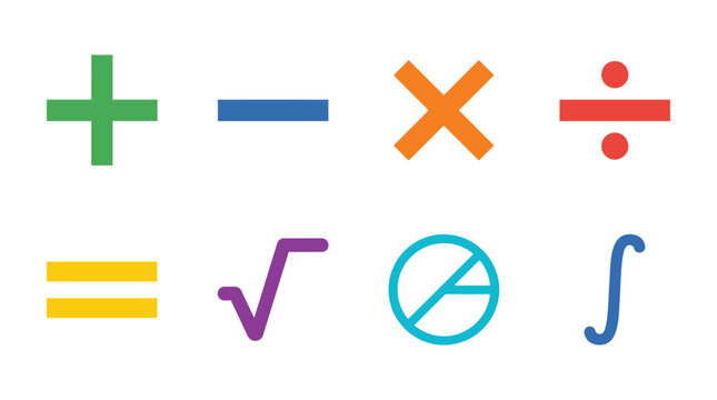 Colorful math symbols set, flat mathematics icon collection for education, basic arithmetic and calculus vector signs