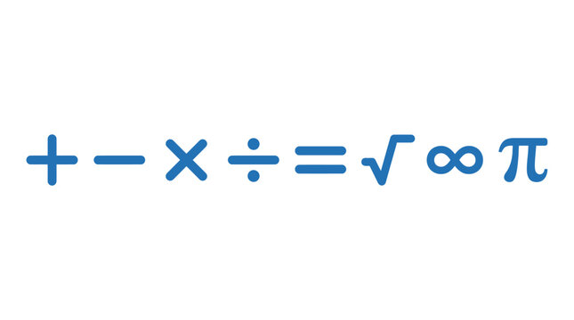 Mathematical symbols and concepts including addition, subtraction, multiplication, division, equals, square root, infinity, and pi