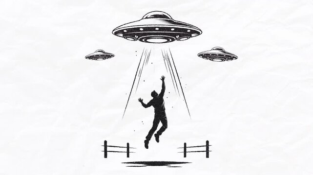 Animated vintage style UFO abduction scene with a human silhouette lifted by a beam of light into a flying saucer. Mysterious extraterrestrial encounter on textured paper background