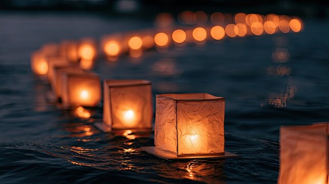 Glowing lanterns drift in a line across dark water at twilight