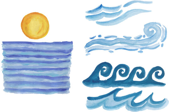 Sunset and wave in the ocean hand drawn watercolor art