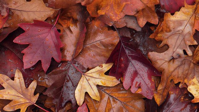 Vibrant autumn leaves with water droplets, close-up macro shot of colorful red, yellow, and orange foliage on wet ground, symbolizing the beauty of fall and seasonal change