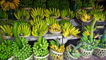 Fototapeta premium Fresh ripe and green bananas arranged in woven bamboo baskets at a traditional Asian fruit market stand. Organic tropical harvest stacked neatly on wooden shelves for local street market sale.