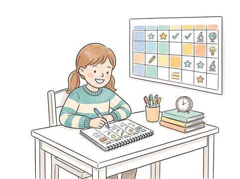 Girl student writing in planner schedule on desk with educational calendar for daily learning tasks.