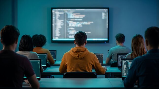 Students learning coding and programming language in computer classroom with monitor showing code.