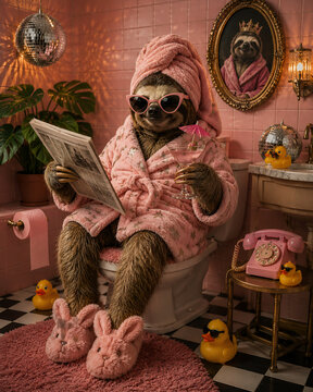 Surreal Sloth Relaxing in a Pink Robe in a Vintage Bathroom
