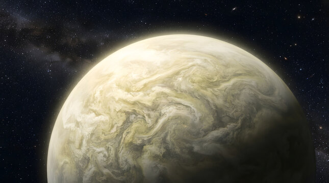 Close-up of Venus showing its thick, swirling yellowish sulfuric acid cloud atmosphere and deep space