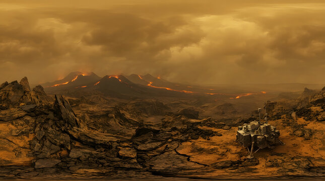 Robotic lander on the rugged, volcanic, and hot surface of Venus with a thick, hazy yellowish atmosphere