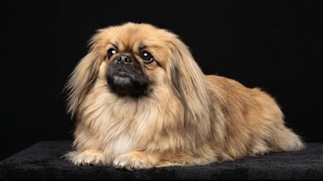 A cute fluffy Pekingese dog lying down and looking around in studio