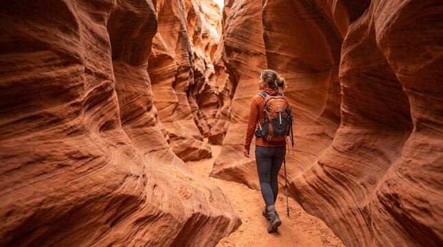 A woman with a backpack hiking through a narrow, winding slot canyon with red sandstone walls, illuminated by natural light from above.