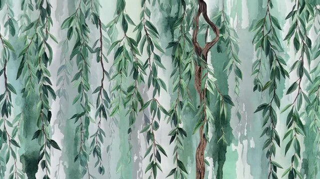Vibrant green hanging leaves swaying gently in a misty forest with soft watercolor textures, seamless loop, symbolizing tranquility, nature, and peacefulness