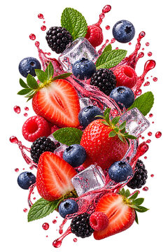 A refreshing burst of fresh berries with ice cubes and splashing juice, creating a vibrant and tantalizing visual